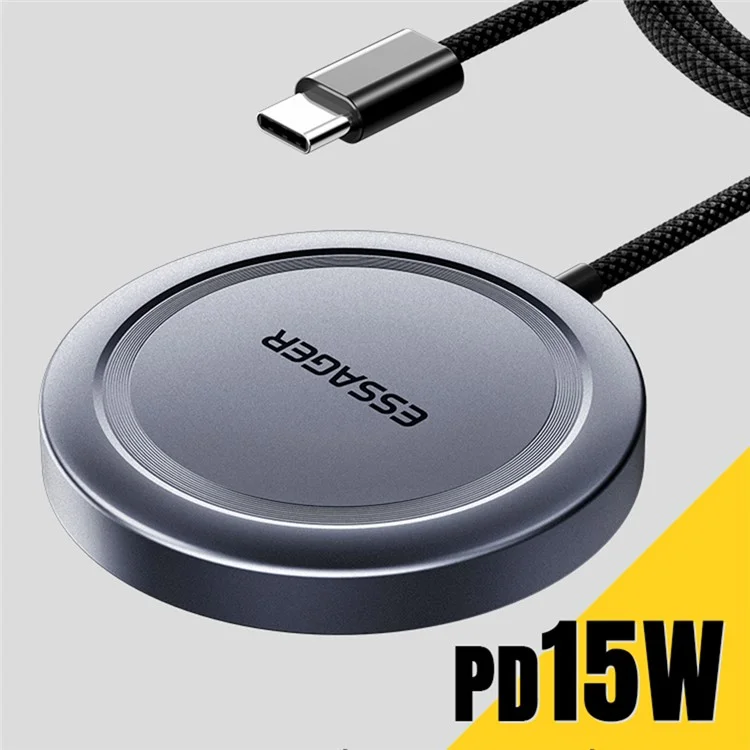 ESSAGER Qi2 15W Allime de Charge Fast Allinim + PC Magnetine Wiress Chargeur Pour Iphone 12-16 - Gris