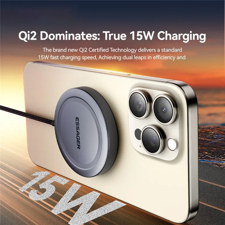 ESSAGER Qi2 15W Allime de Charge Fast Allinim + PC Magnetine Wiress Chargeur Pour Iphone 12-16 - Gris