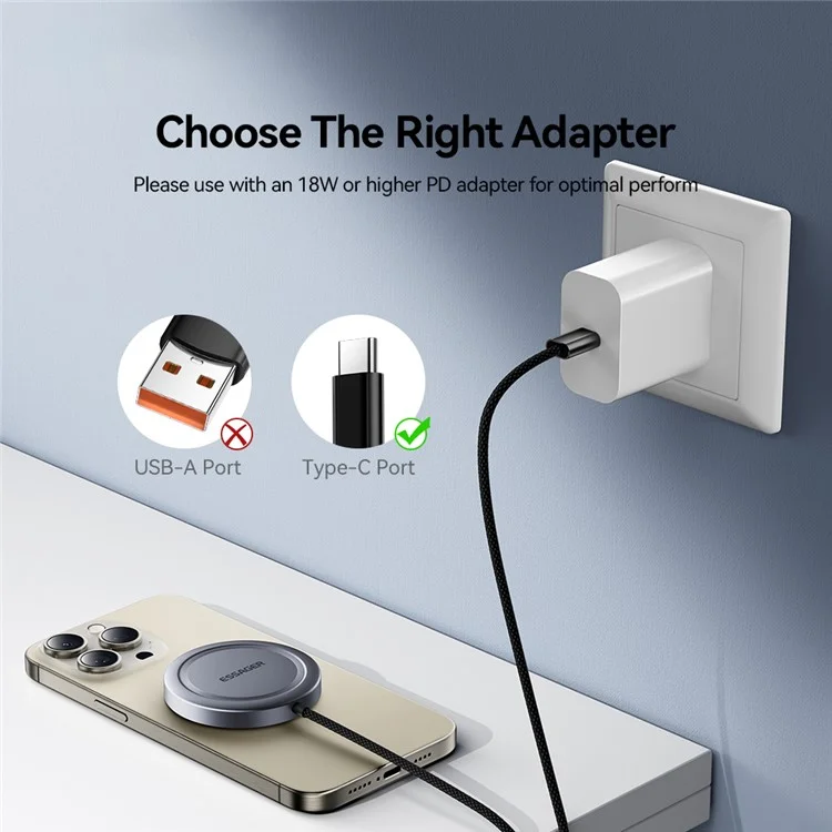 ESSAGER Qi2 15W Allime de Charge Fast Allinim + PC Magnetine Wiress Chargeur Pour Iphone 12-16 - Gris
