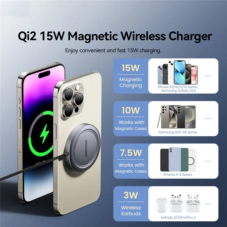 ESSAGER Qi2 15W Allime de Charge Fast Allinim + PC Magnetine Wiress Chargeur Pour Iphone 12-16 - Gris
