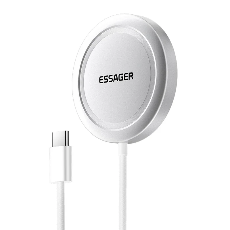 ESSAGER Qi2 15W Snelladen Aluminiumlegering + PC Magnetische Draadloze Oplader voor iPhone 12-16 - Zilver