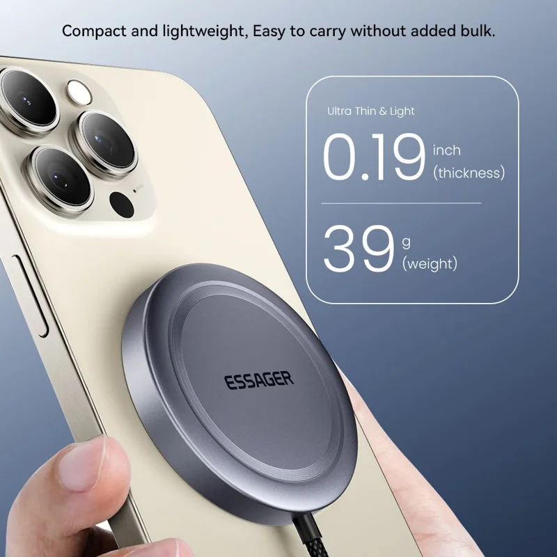 ESSAGER Qi2 15W Snelladen Aluminiumlegering + PC Magnetische Draadloze Oplader voor iPhone 12-16 - Zilver