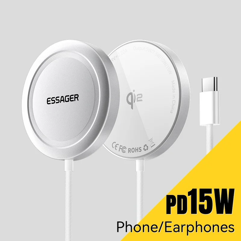 ESSAGER Qi2 15W Snelladen Aluminiumlegering + PC Magnetische Draadloze Oplader voor iPhone 12-16 - Zilver