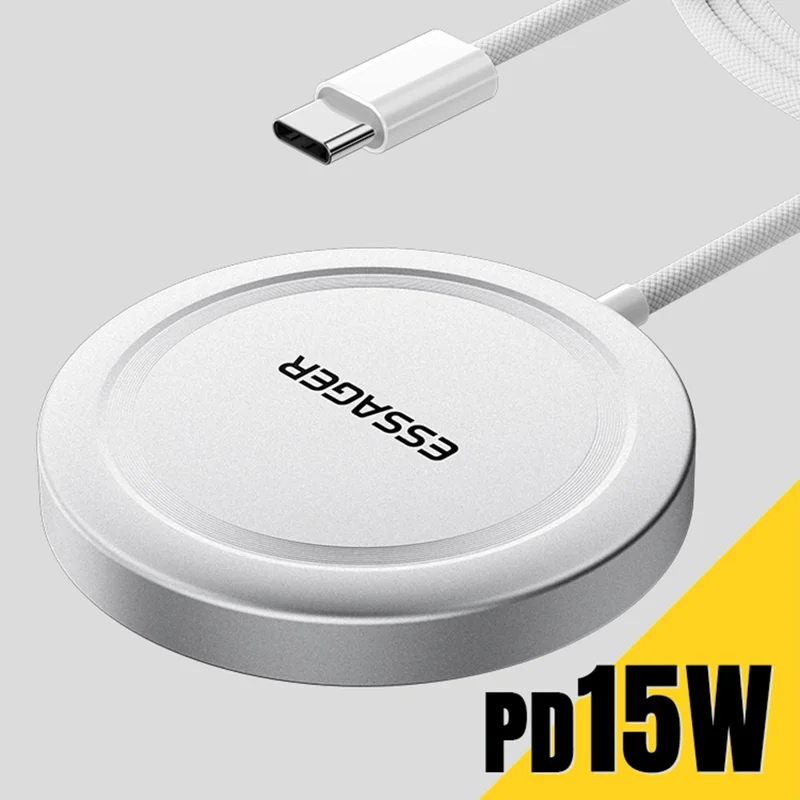 ESSAGER Qi2 15W Snelladen Aluminiumlegering + PC Magnetische Draadloze Oplader voor iPhone 12-16 - Zilver