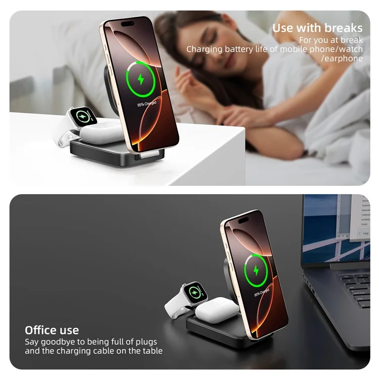 C40 3-in-1 Foldable Charging Stand Phone Watch Earphone 15W Magnetic Wireless Charger with LED Warm Light - Black