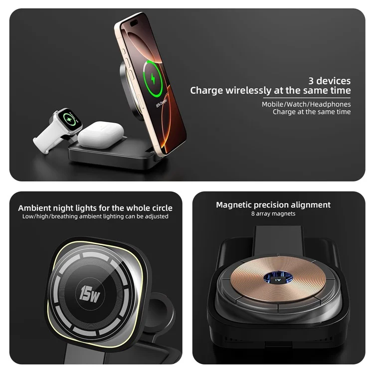 C40 3-in-1 Foldable Charging Stand Phone Watch Earphone 15W Magnetic Wireless Charger with LED Warm Light - Black