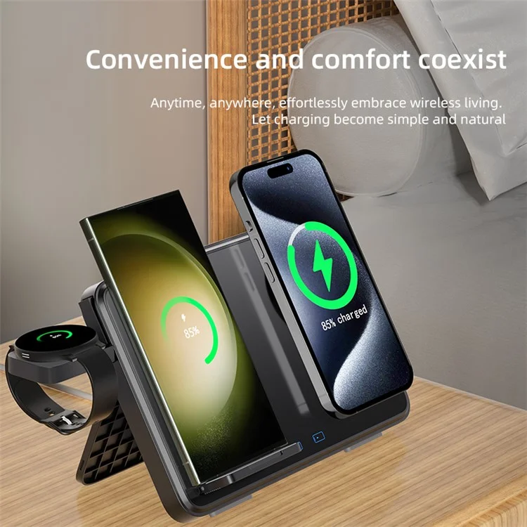 C30 15W Dual Ring Foldable 3 in 1 Wireless Charger Watch Earphone Phone Magnetic Wireless Charger - Black
