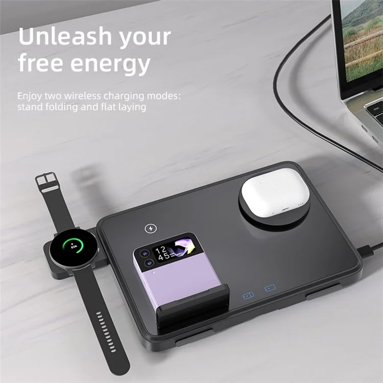 C30 15W Dual Ring Foldable 3 in 1 Wireless Charger Watch Earphone Phone Magnetic Wireless Charger - Black