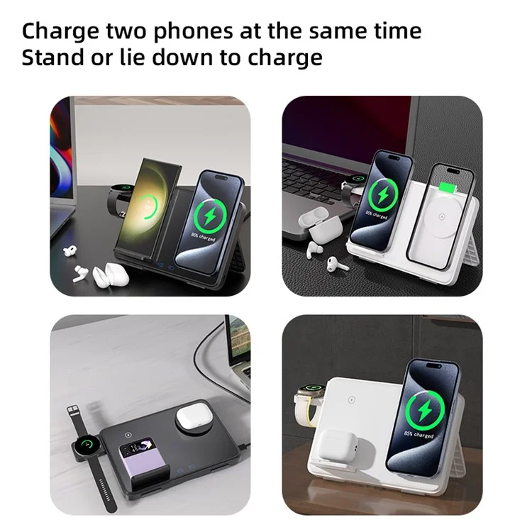 C30 15W Dual Ring Foldable 3 in 1 Wireless Charger Watch Earphone Phone Magnetic Wireless Charger - Black