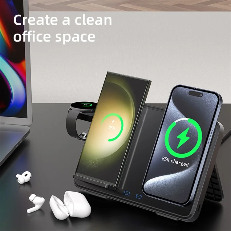C30 15W Dual Ring Foldable 3 in 1 Wireless Charger Watch Earphone Phone Magnetic Wireless Charger - Black