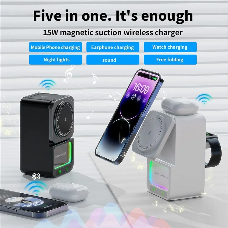 DH19 5 en 1 Dock de Chargeur Sans Fil Multi-fonction du Haut-parleur Bluetooth / Téléphone Mobile / Écouteurs TWS - Noir