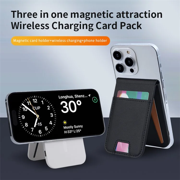 FLD-F5 3-in-1 Magnetic Wireless Charger Bold de Tarjeta Plegable Bolsa de Teléfono Móvil - Negro
