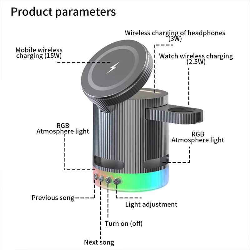 H61 4 in 1 RGB Bluetooth-compatible Speaker Foldable Wireless Charger for Phone / Earphone / Watch - White