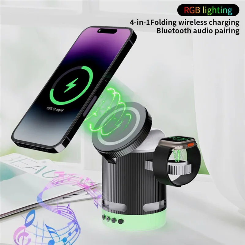 H61 4 in 1 RGB Bluetooth-compatible Speaker Foldable Wireless Charger for Phone / Earphone / Watch - White
