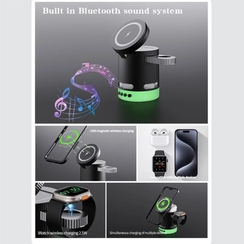 H61 4 in 1 RGB Bluetooth-compatible Speaker Foldable Wireless Charger for Phone / Earphone / Watch - White