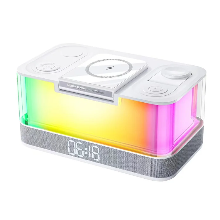 QXF-R8 Desktop Bluetooth-compatible Speaker Clock Atmosphere Light Magnetic Foldable Bracket Wireless Charger