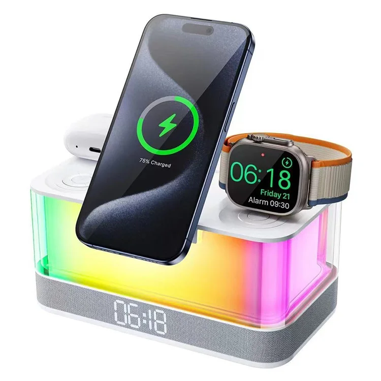 QXF-R8 Desktop Bluetooth-compatible Speaker Clock Atmosphere Light Magnetic Foldable Bracket Wireless Charger