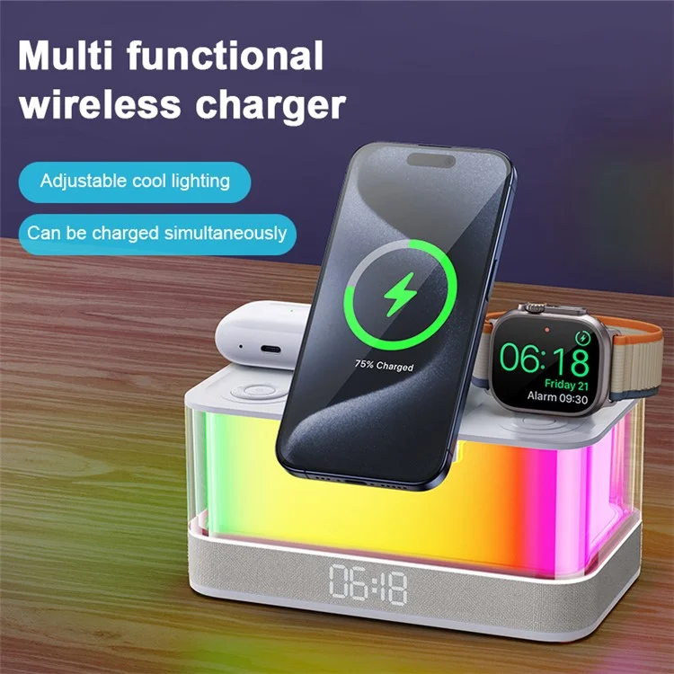 QXF-R8 Desktop Bluetooth-compatible Speaker Clock Atmosphere Light Magnetic Foldable Bracket Wireless Charger