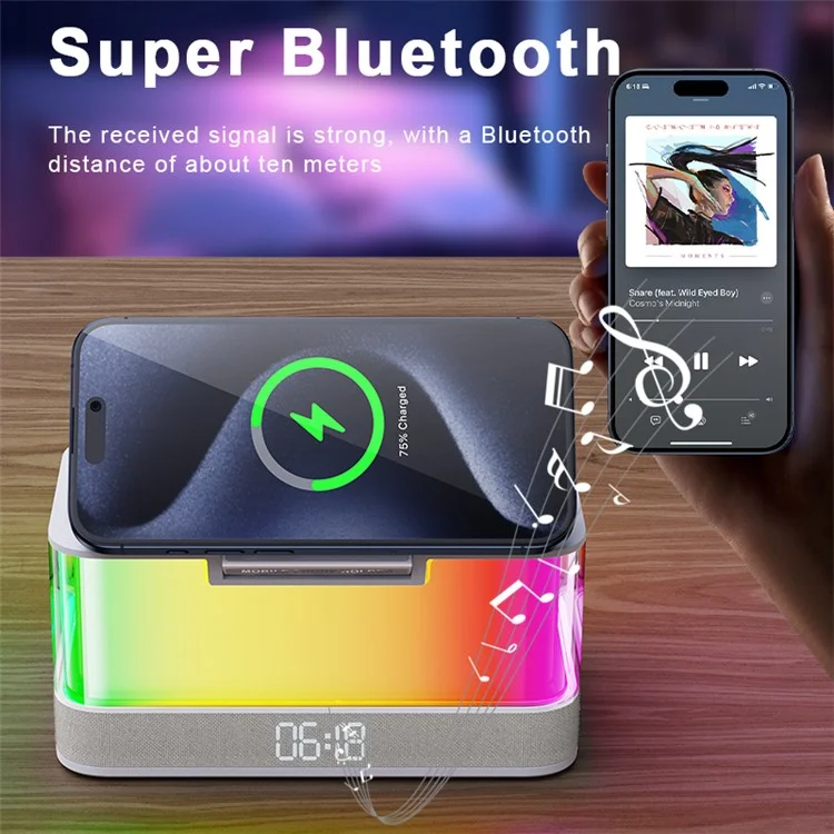 QXF-R8 Desktop Bluetooth-compatible Speaker Clock Atmosphere Light Magnetic Foldable Bracket Wireless Charger