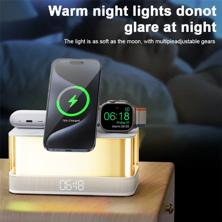 QXF-R8 Desktop Bluetooth-compatible Speaker Clock Atmosphere Light Magnetic Foldable Bracket Wireless Charger