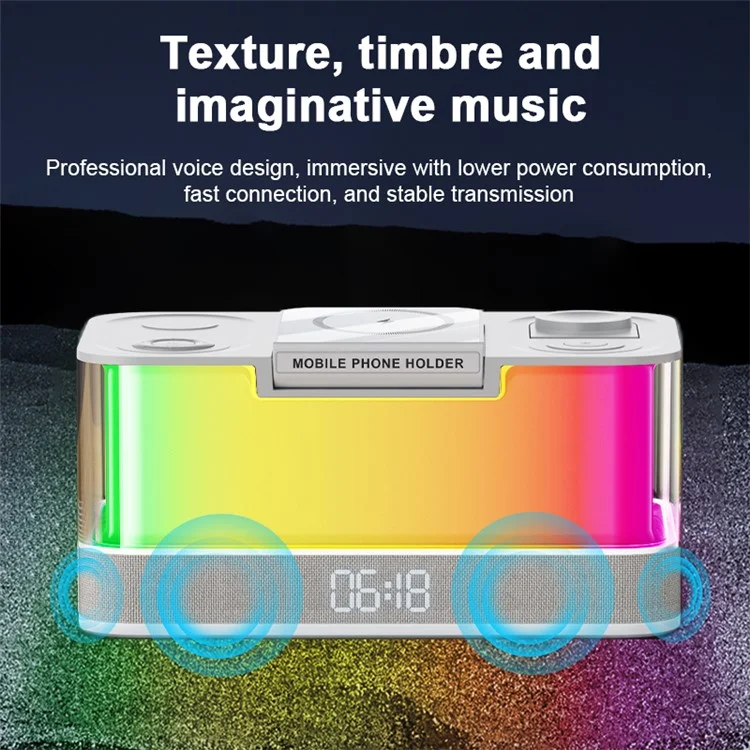 QXF-R8 Desktop Bluetooth-compatible Speaker Clock Atmosphere Light Magnetic Foldable Bracket Wireless Charger