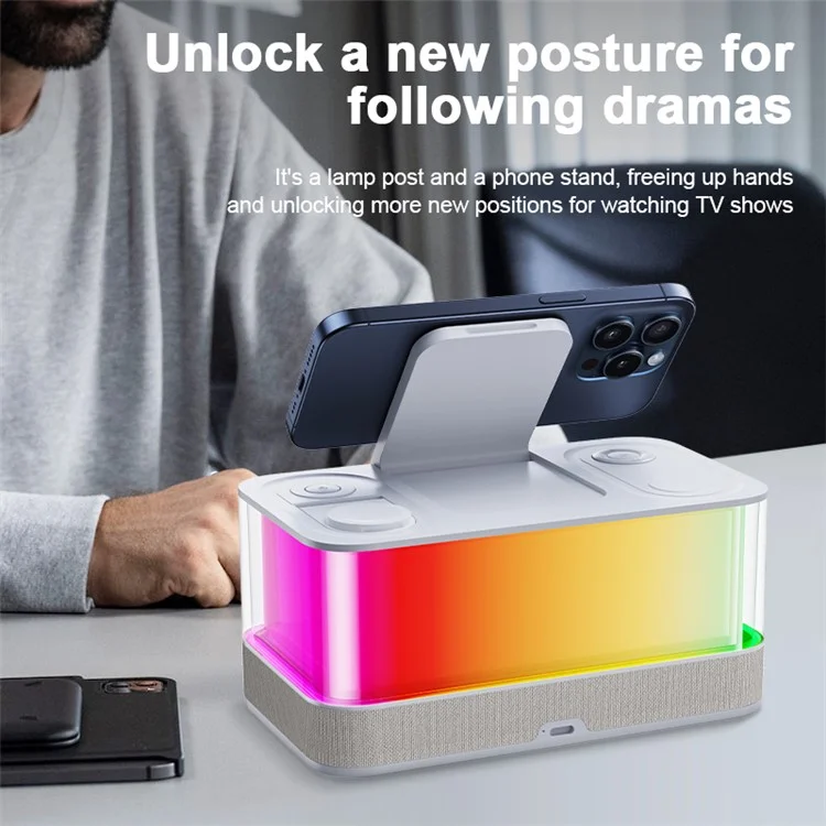 QXF-R8 Desktop Bluetooth-compatible Speaker Clock Atmosphere Light Magnetic Foldable Bracket Wireless Charger