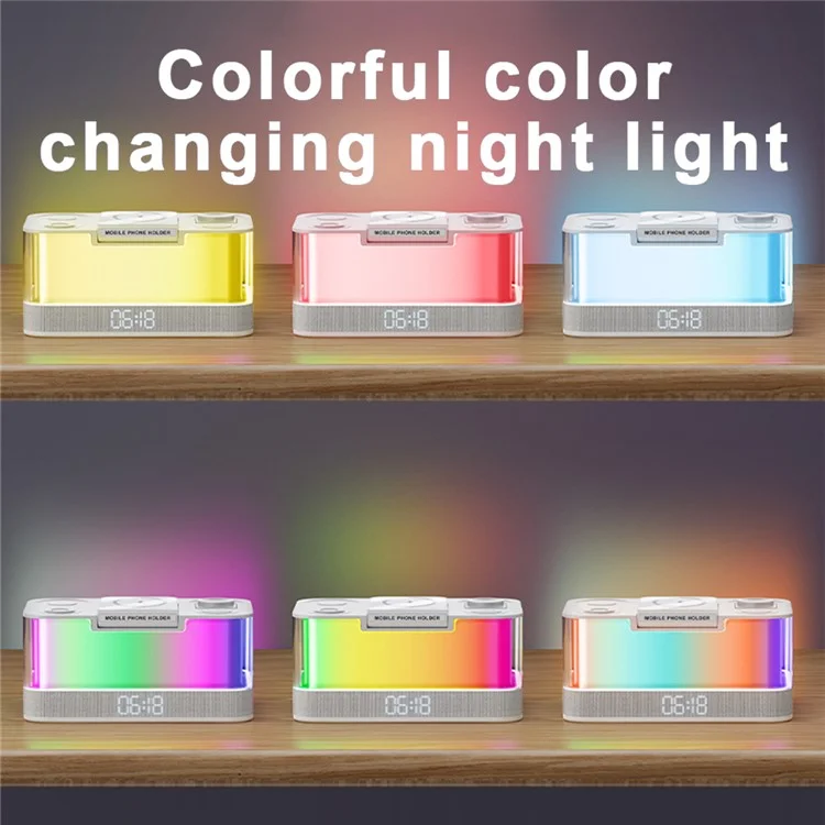 QXF-R8 Desktop Bluetooth-compatible Speaker Clock Atmosphere Light Magnetic Foldable Bracket Wireless Charger