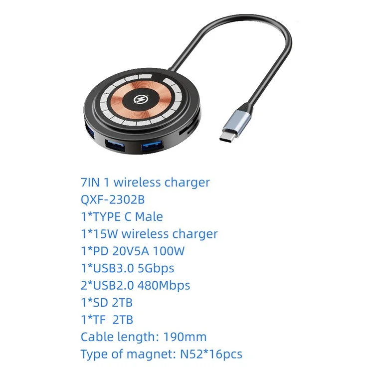 Bulk Purchasing QXF-2302b 7-in-1 Type-C Hub Magneitc Wireless Charger PD 100W Docking Station