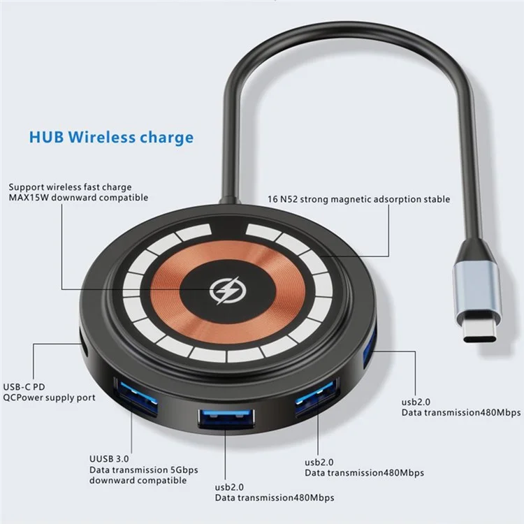 Bulk Purchasing QXF-2301b 6-in-1 Type-C Hub Magneitc Wireless Charger PD 100W Docking Station