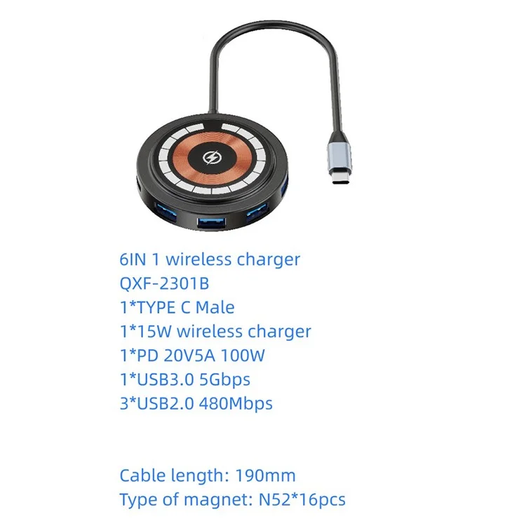 Bulk Purchasing QXF-2301b 6-in-1 Type-C Hub Magneitc Wireless Charger PD 100W Docking Station