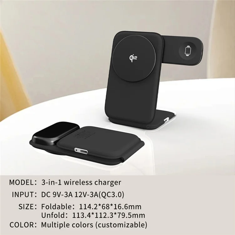 Bulk Purchasing pw08M Magnetic 3-in-1 Foldable Leather Phone Earphone Watch QI2 Wireless Charger