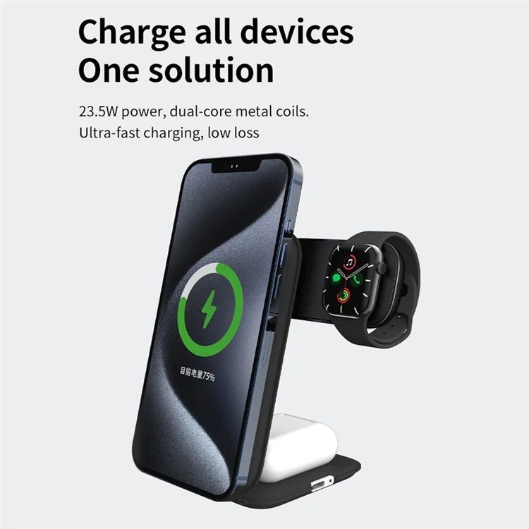 Bulk Purchasing pw08M Magnetic 3-in-1 Foldable Leather Phone Earphone Watch QI2 Wireless Charger