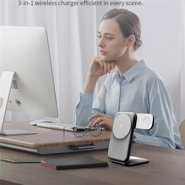 Bulk Purchasing pw08M Magnetic 3-in-1 Foldable Leather Phone Earphone Watch QI2 Wireless Charger