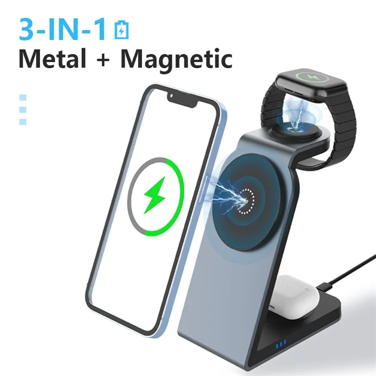 Cargador inalámbrico magnético de 3 en 1 de metal SW18 para teléfono, auricular y smartwatch