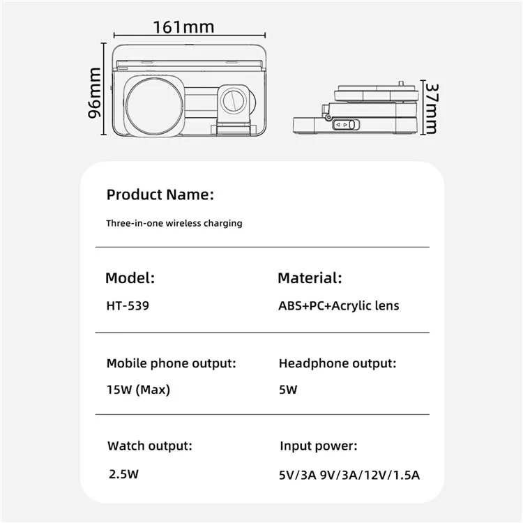 HT-539 Luz Noturna de Mesa 15W Carregador Wireless Dobrável Magnético para Telefone, Relógio e Fone de Ouvido - Preto