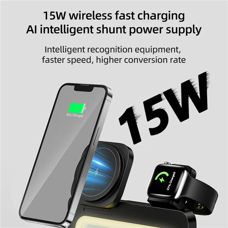 HT-539 Luz Noturna de Mesa 15W Carregador Wireless Dobrável Magnético para Telefone, Relógio e Fone de Ouvido - Preto