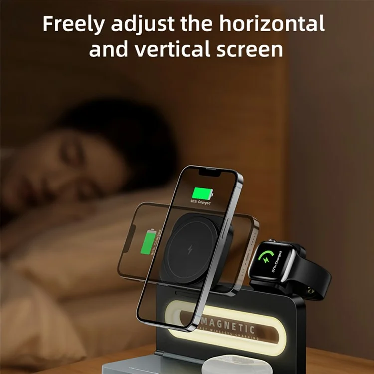 HT-539 Luz Noturna de Mesa 15W Carregador Wireless Dobrável Magnético para Telefone, Relógio e Fone de Ouvido - Preto