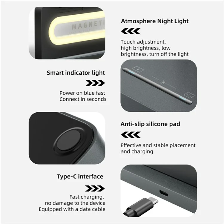 HT-539 Luz Noturna de Mesa 15W Carregador Wireless Dobrável Magnético para Telefone, Relógio e Fone de Ouvido - Preto
