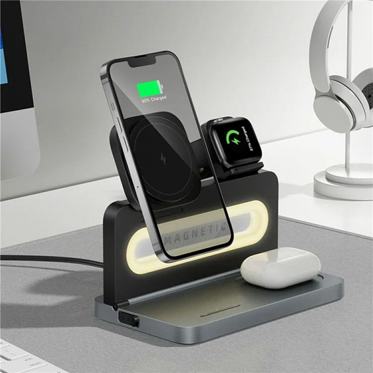 HT-539 Luz Noturna de Mesa 15W Carregador Wireless Dobrável Magnético para Telefone, Relógio e Fone de Ouvido - Preto