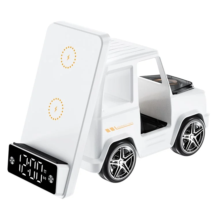 G63 6-in-1 Car Shape 15W Desktop Wireless Charger Bluetooth-compatible Speaker Clock Atmosphere Light - White