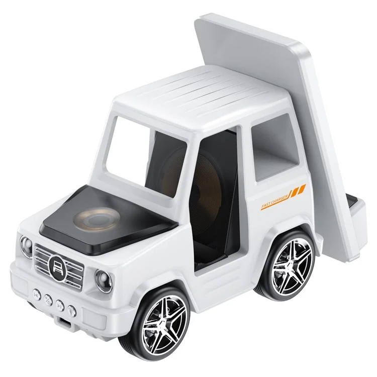 G63 6-in-1 Car Shape 15W Desktop Wireless Charger Bluetooth-compatible Speaker Clock Atmosphere Light - White