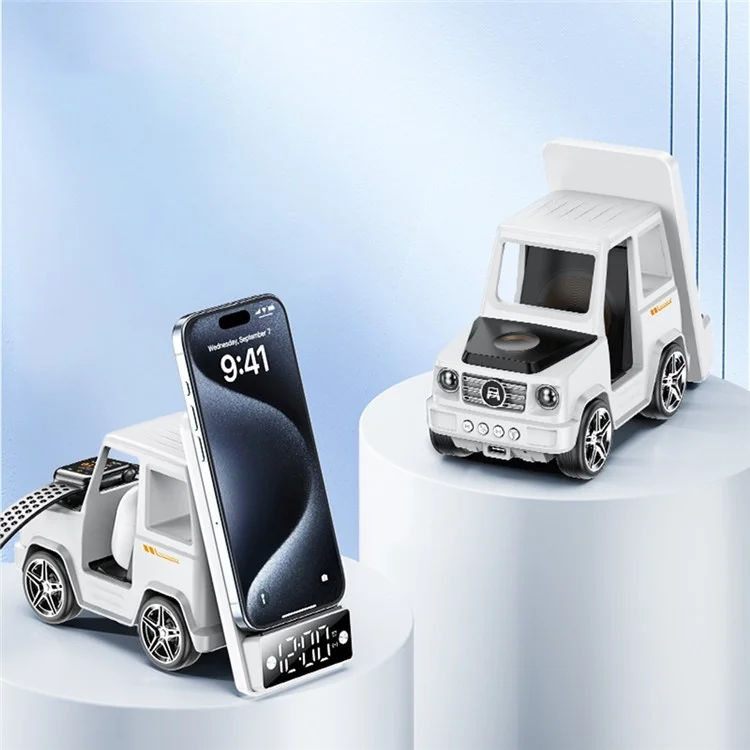 G63 6-in-1 Car Shape 15W Desktop Wireless Charger Bluetooth-compatible Speaker Clock Atmosphere Light - White
