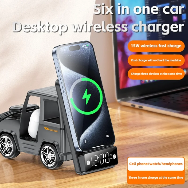G63 6-in-1 Car Shape 15W Desktop Wireless Charger Bluetooth-compatible Speaker Clock Atmosphere Light - White