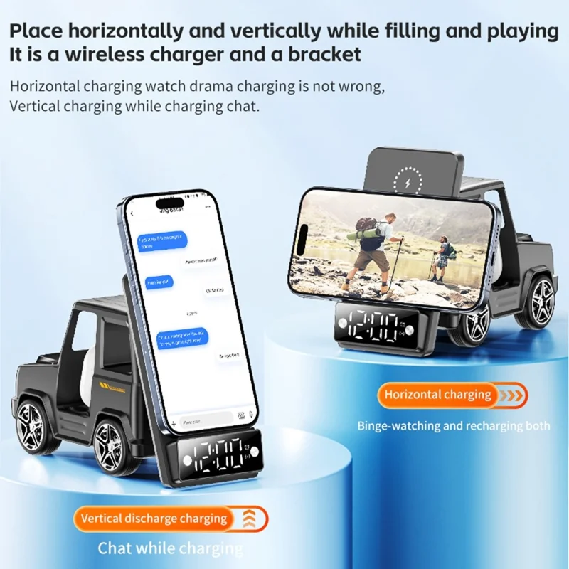 G63 6-in-1 Car Shape 15W Desktop Wireless Charger Bluetooth-compatible Speaker Clock Atmosphere Light - White