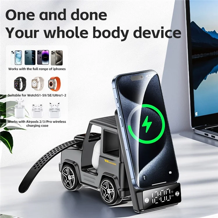G63 6-in-1 Car Shape 15W Desktop Wireless Charger Bluetooth-compatible Speaker Clock Atmosphere Light - White