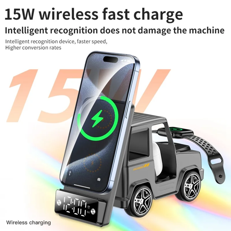 G63 6-in-1 Car Shape 15W Desktop Wireless Charger Bluetooth-compatible Speaker Clock Atmosphere Light - White