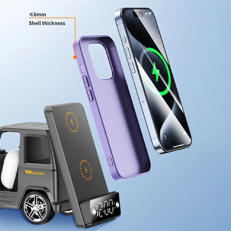G63 6-in-1 Car Shape 15W Desktop Wireless Charger Bluetooth-compatible Speaker Clock Atmosphere Light - White