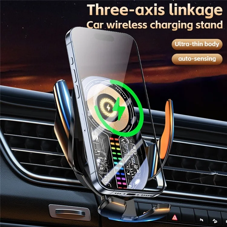 C28 Ambient Light Car Phone Mount Stand Wireless Charger Three-Axis Linkage Phone Holder - Schwarz
