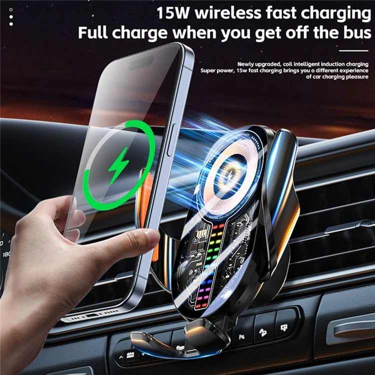 C28 Ambient Light Car Phone Mount Stand Wireless Charger Three-Axis Linkage Phone Holder - Schwarz