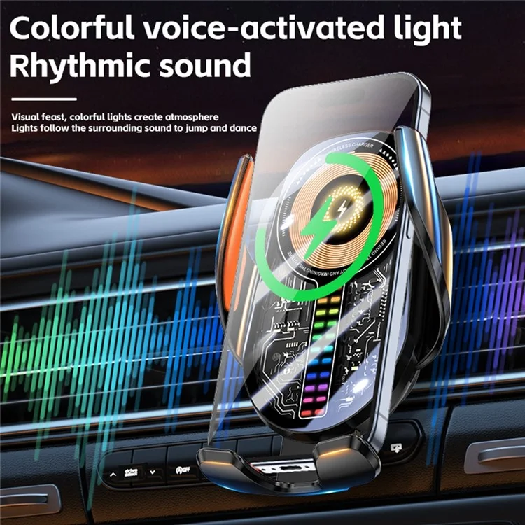 C28 Ambient Light Car Phone Mount Stand Wireless Charger Three-Axis Linkage Phone Holder - Schwarz
